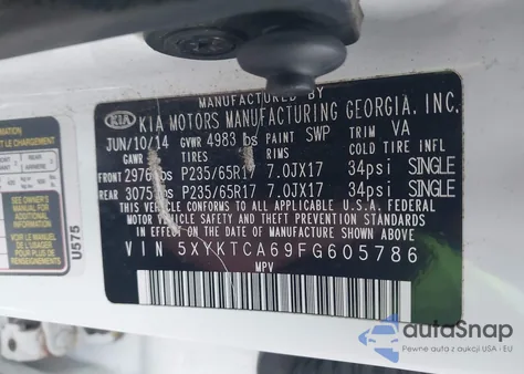 2015 Kia Sorento Lx z USA, uszkodzony, nr VIN 5XYKTCA69FG605786